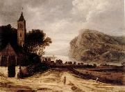 An extensiver river landscape with a church,cattle grazing and a traveller on a track Philippe de Momper